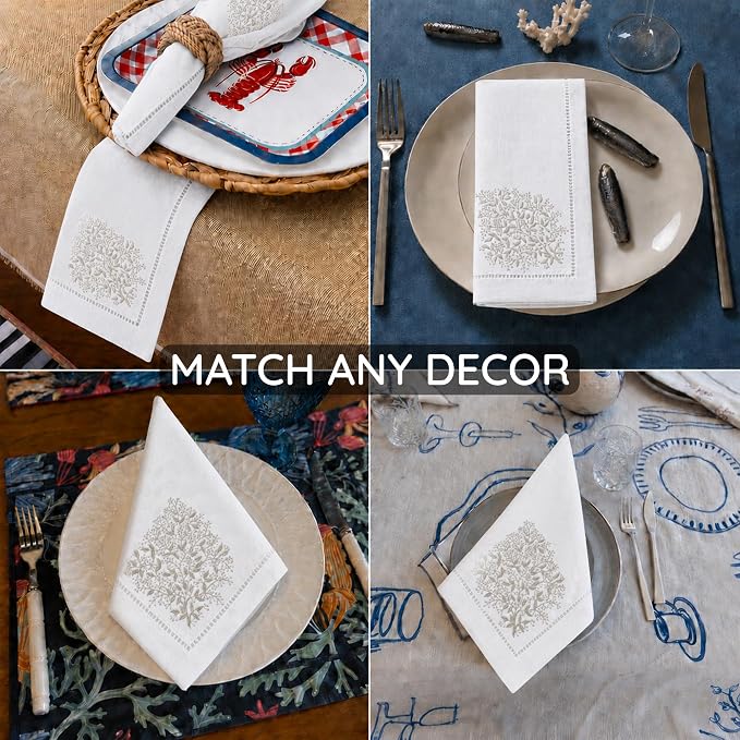 Cloth Napkins Set of 4, 20x20 inch, 100% Linen Hand Embroidered French Knot, Reusable & Machine Washable, Elegant Table Napkins for Dinner, Weddings, Parties (White Taupe) - Image 6