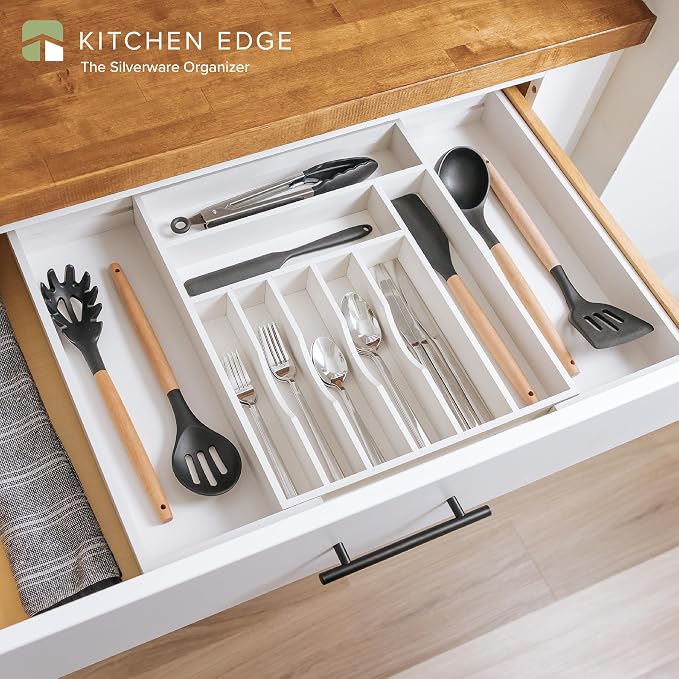 Silverware & Utensil Drawer Organizer, 14.5-25 in, White Bamboo | Cutlery, flatware, food-safe contract grade, kitchen drawer fit - Image 2