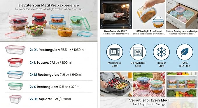 20 Pc Glass Food Storage Containers with Snap Lock Lids, Airtight & Leakproof, Bonus 2 Oven Silicone Gloves, Safe for Dishwasher, Oven, Microwave,Freezer, BPA Free - Image 3