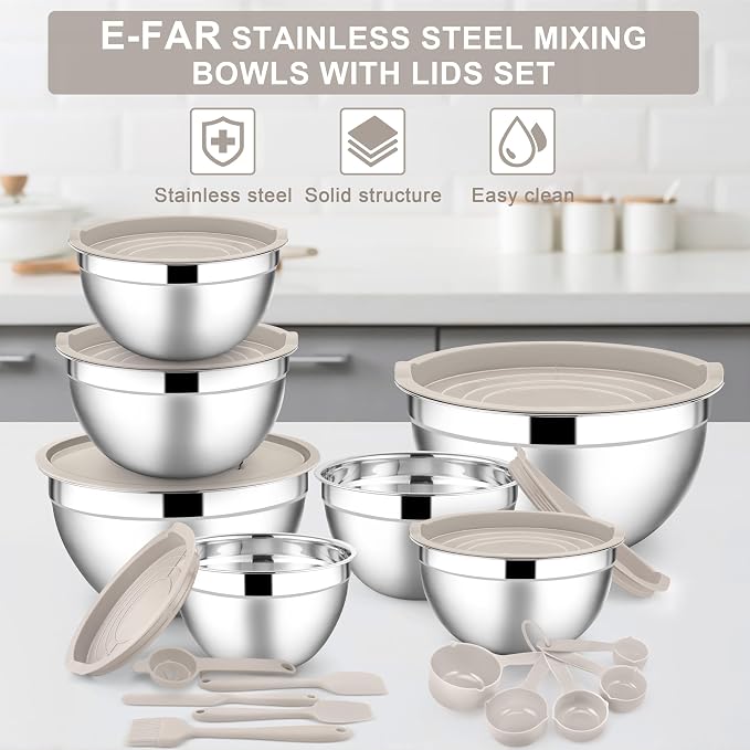 E-far Mixing Bowls with Lids Set, 21PCS Stainless Steel Mixing Salad Bowls with 3 Grater Attachments, Size 7, 4.6, 3.5, 2.6, 2, 1.5, 1QT, Nesting Design & Khaki Airtight Lid, For Baking/Prepping - Image 7