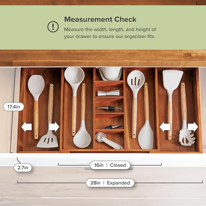 Utensil & Junk Drawer Organizer, 16-28 in, Acacia | Food-safe contract grade, 100% sustainable wood, non-slip, adjustable - Image 4