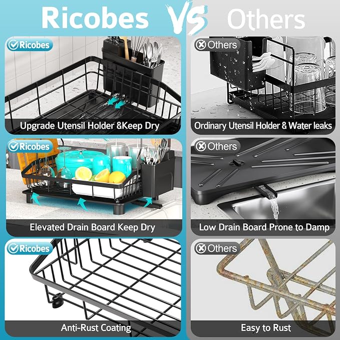 Dish Drying Rack - 2 Tier Large Capacity Dish Rack- Dish Racks for Kitchen Counter with Drainboard, Rustproof Dish Drainer with Removable Utensil Holder,Cutting Board Holder,Cup Holder, Black - Image 3