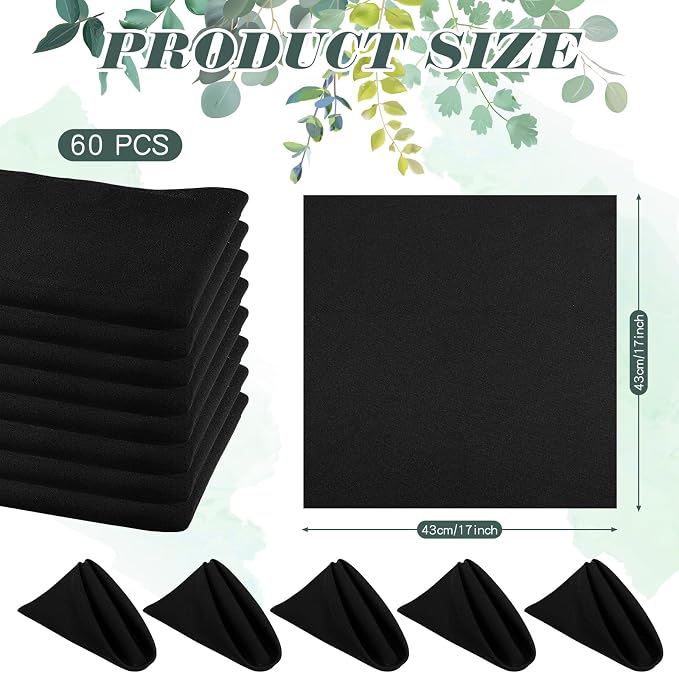 60 Pcs Washable Cloth Napkins 17 x 17 Inch Polyester Dinner Napkins Soft Table Napkins for Weddings Parties Holiday Dining Banquet (Black) - Image 2