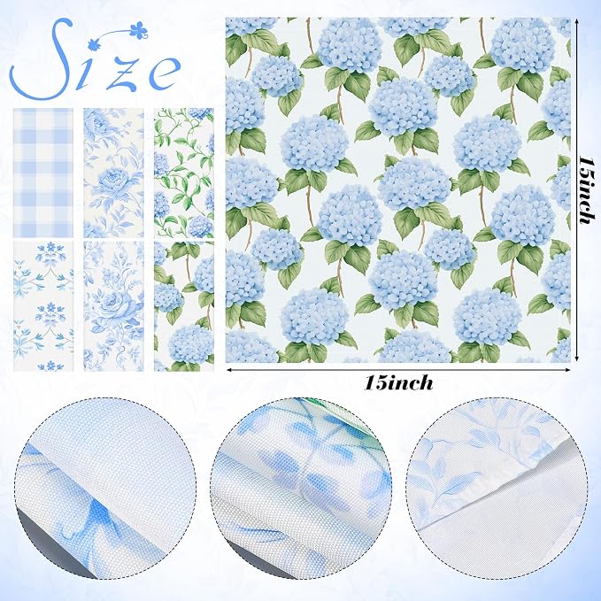 24 Pcs Floral Cloth Napkins 6 Patterns Washable Dinner Tea Party Napkins Reusable Plant Flowers Square Napkin Cotton Towel Decorative for Summer Wildflower Party(Blue Hydrangea) - Image 2