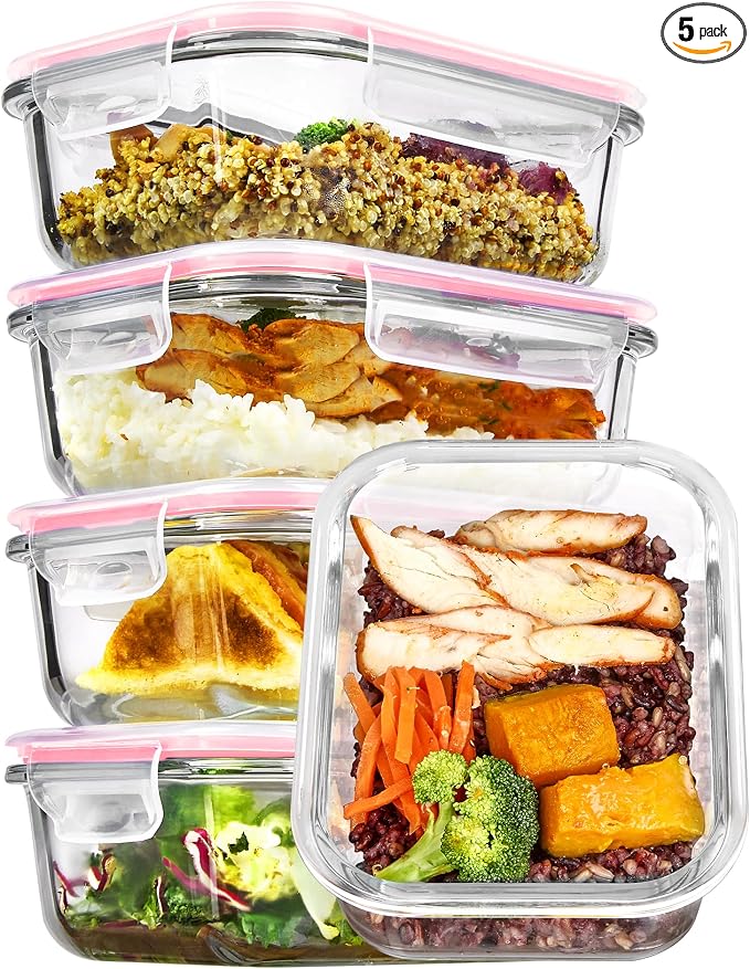Vtopmart 5Pack 22oz Glass Storage Containers with Lids, Pink | Glass Meal Prep Food Container Sets, Snap Airtight Lid, For Microwave, Oven, Freezer and Dishwasher, BPA Free by Vtopmart