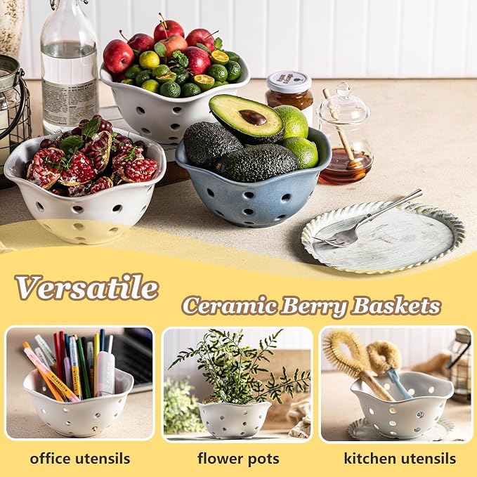 Gomakren Fruit Basket Set of 2, Ceramic Fruit Bowl Berry Basket with Holes, 7.6 Inch Fruit Containers Colander for Fridge - Farmhouse Kitchen Decor, Cream White - Image 6