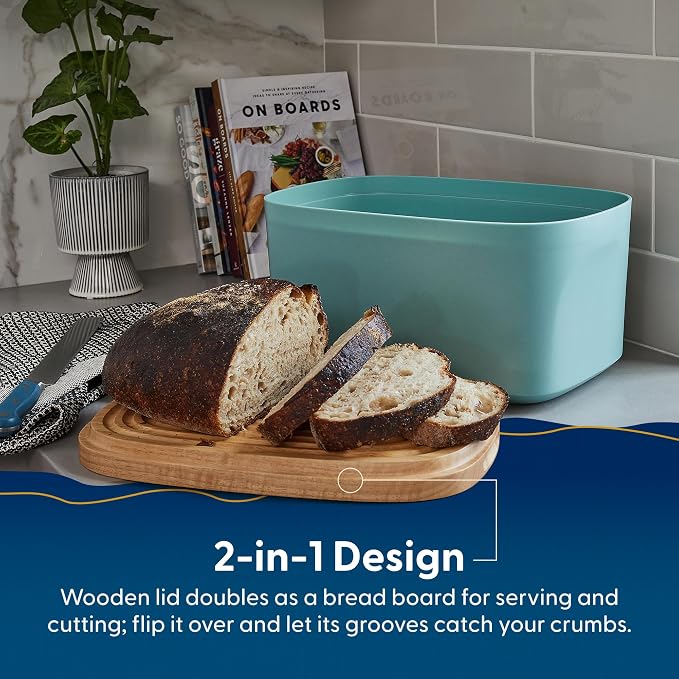 Sonder Los Angeles Union Large Bread Box | Fits Full Sourdough Loaves and More | Breadbox with Cutting Board | Homemade Bread Bin Storage Container | 14.25x9.25x7 in | Blue Green | Bamboo Fiber & Recycled Plastic Body with Reversible Bread Board Lid, K... - Image 2