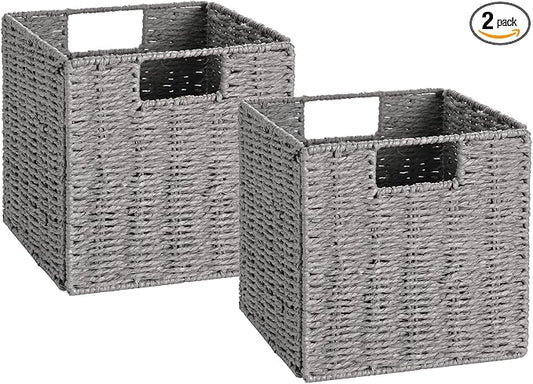Wicker Storage Basket, Set of 2 Hand-Woven Storage Baskets for Shelves with Handles, Foldable Cube Storage Baskets Bins Organizer 13 inch Large Wicker Baskets for Pantry Bedroom Decor, Grey by Vagusicc