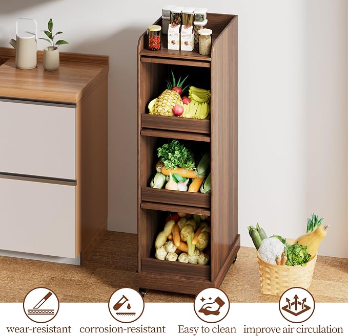 4 Tier Narrow Potato Storage Bin, Tall Wood Potato and Onion Storage Bin with Wheel, Movable Fruit and Vegetable Basket, Food Small Kitchen Pantry Cabinet, Wooden Bread Box, Walnut, Sliding Door - Image 4