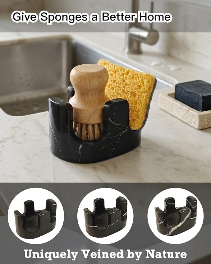 Black Marble Sponge Holder for Kitchen Sink, Dual Slot Stone Caddy, Nero Marquina | 2-in-1 Natural Marble Sponge & Brush Holder, Raised Edge Helps Catch Water, Keeps Countertop Dry, Luxury Kitchen Decor - Image 3