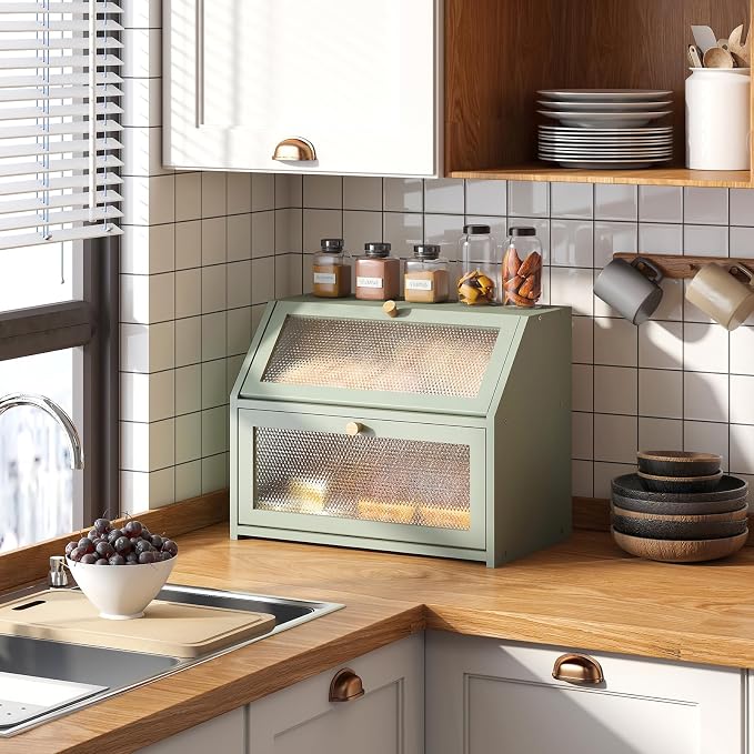 STDDRE Bread Box for Kitchen Countertop Bin Double Layer Bread Box Storage Container Extra Large Capacity Farmhouse with Diamond Pattern Windows (Green, Large) - Image 2