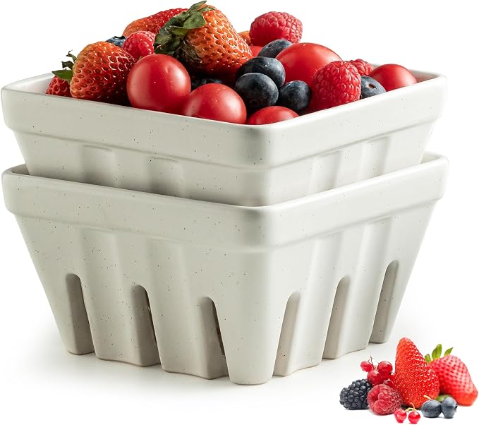 Gomakren Fruit Bowl with Holes, Ceramic Berry Basket Set of 2, 5.7 Inch Square Fruit Basket for Kitchen Counter, Rustic Berry Containers, Farmhouse Kitchen Decor - Cream White by Gomakren