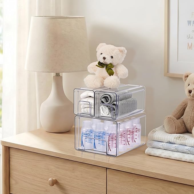 Sorbus 1 Large & 2 Small Clear Stackable Storage Drawers, Plastic Organizer Bins with Handles, Pull-Out Stackable Drawers for Bathroom Closet, Medicine, Cabinet, Pantry Storage, Baby Bottle Organizer - Image 4