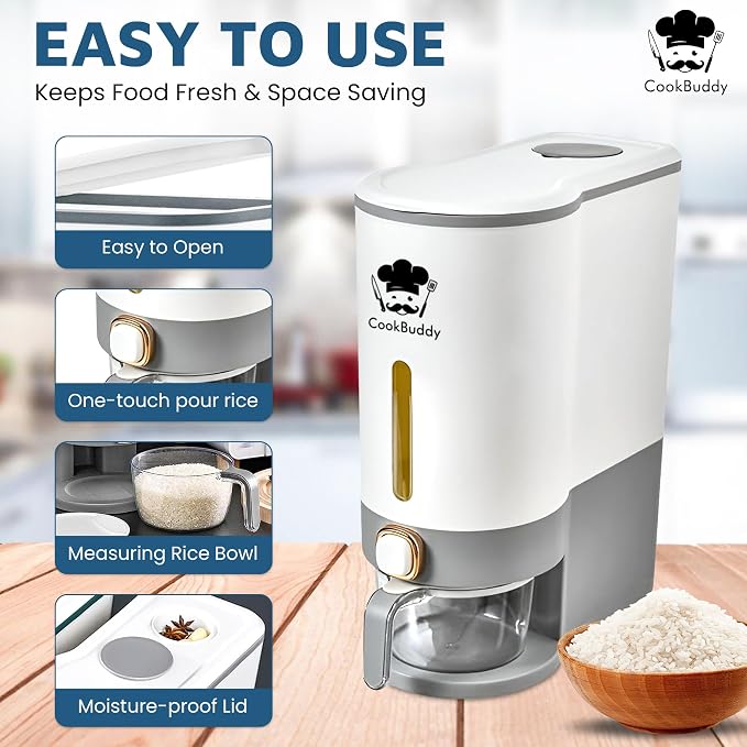 CookBuddy Rice Dispenser - 25 lb Airtight Rice Storage Container - Grain Dispenser - Image 3
