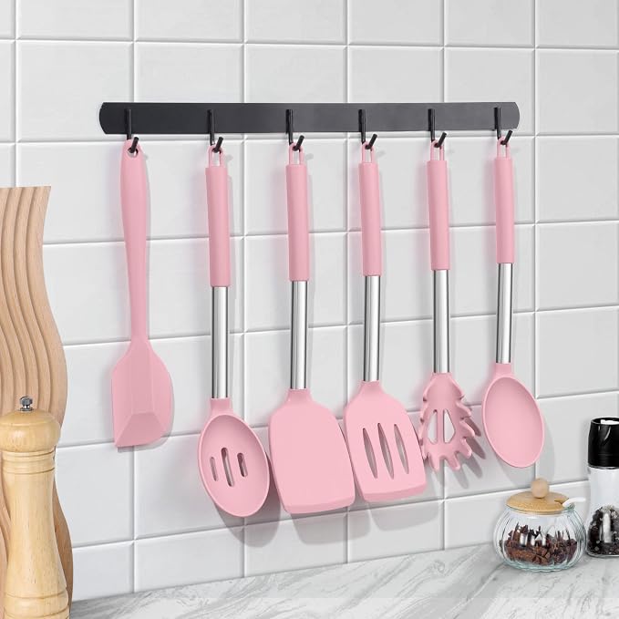 LIANYU 15 Piece Cooking Utensils Set with Stainless Steel Handle, Silicone Kitchen Gadgets with Holder, Heat Resistant Spatula Spoon Turner Tong Whisk Brush Tools for Cooking, Dishwasher Safe, Pink - Image 7
