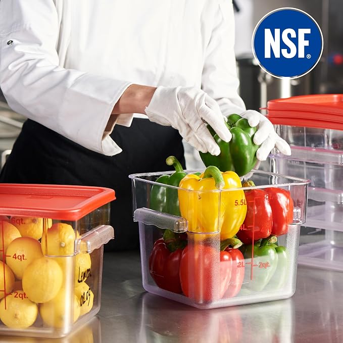 8-Pack 6 Qt NSF Clear Polycarbonate Food Storage Containers with Red Lids - Square, Commercial-Grade, Freezer & Dishwasher Safe, Stackable - Image 3