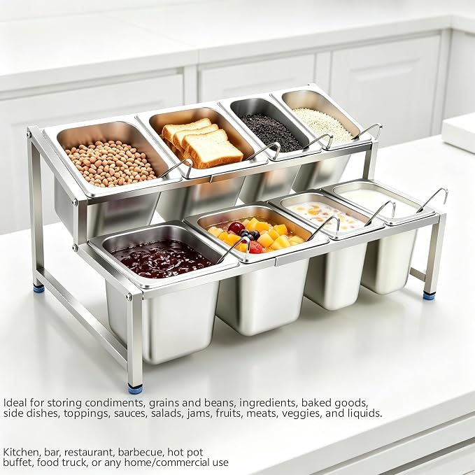 Telescoping Pizza Topping Station Condiment Container Food Prep Holder | 8 Pans & Spoons, Stainless Steel Container Set Ingredients Holder Spice Rack for Kitchen Buffet Pizza Oven Accessories - Image 3