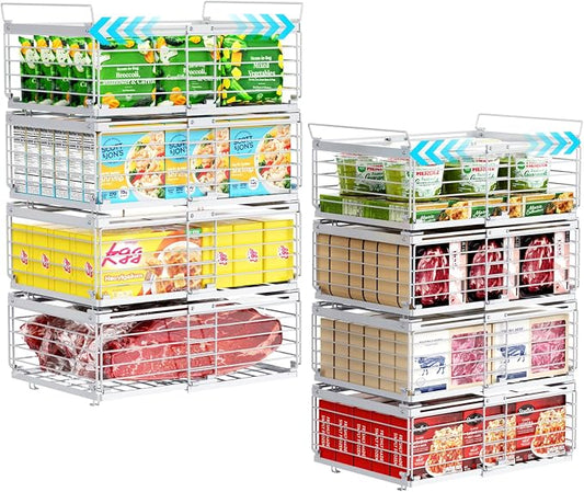 Chest Freezer Organizer - Adjustable Fits Chest Freezer 10-20 Cu Ft | 8 Pack Stackable Wire Baskets, Easy Access & Quick Organization, Sturdy Steel Rack Holds Frozen Meat and Vegetables, White by iSPECLE