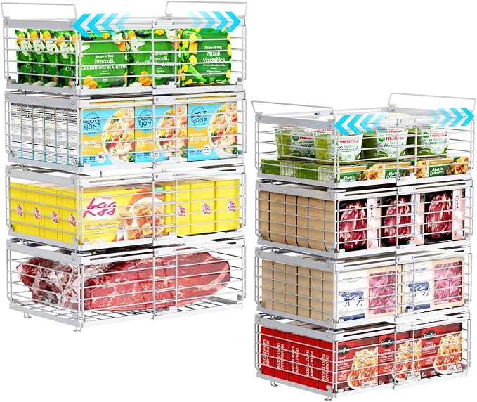 Chest Freezer Organizer - Adjustable Fits Chest Freezer 10-20 Cu Ft | 8 Pack Stackable Wire Baskets, Easy Access & Quick Organization, Sturdy Steel Rack Holds Frozen Meat and Vegetables, White by iSPECLE