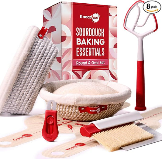 KneadAce Sourdough Starter Kit with Round & Oval Banneton Proofing Baskets | Splinter-Free Cotton Rope Proofing Baskets, Dough Whisk, Bread Lame, Scraper & Brush, Sling - Sourdough Bread Baking Supplies by KneadAce-DesignedbyBakers