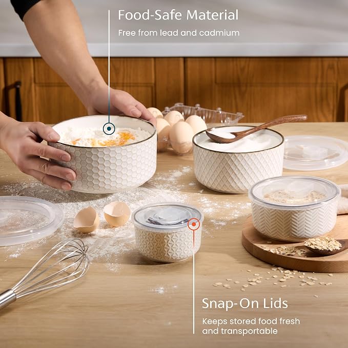 KooK Serving Bowls, with Lids, Ceramic Nesting Bowls, Set of 4, Embossed, Kitchen, Prep, Stackable, Gift, Microwave and Dishwasher Safe, 10/16/29/47 oz, Narbonne Collection (Ivory) - Image 2