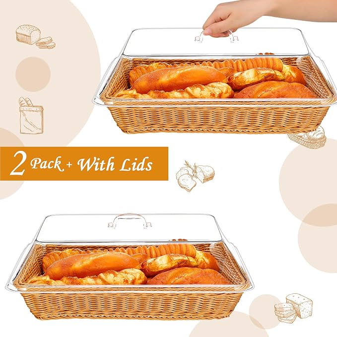 Mumufy 2 Pack Wicker Large Bread Basket with Acrylic Lid Housewarming Gift Woven Rectangular Imitation Rattan Fruit Basket with Cover for Serving Food Display Tabletop Home Kitchen(17.72x13.78'') - Image 2