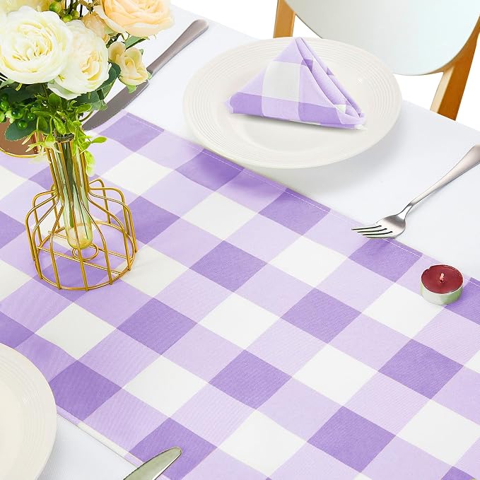 Cupuamon Fabric Checkered Table Runner 6 Pack Waterproof Gingham Table Runner 14W x 108L Buffalo Check Table Runners for Parties Kitchen Dining Wedding Banquet (Lavender and White) - Image 5