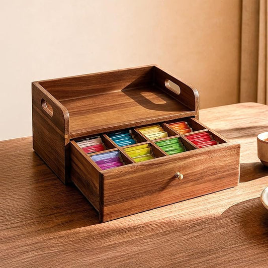 SARUFO Acacia Wood Tea Bag Organizer with Drawer - Tea Station Chest and Storage Box, Coffee and Teabag Holder with 8 Compartments, Containers and Boxes for Countertop Display by SARUFO
