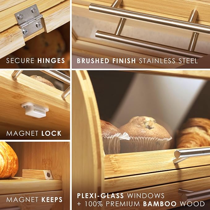 Arise Bamboo Wooden Bread Box for Kitchen Countertop, Extra Large 2-Shelf | Bread Storage Container with Clear Windows & Air Vents, Bread Bin & Keeper, Keeps Bagels, Rolls & Buns Fresh, Self Assembly - Image 3