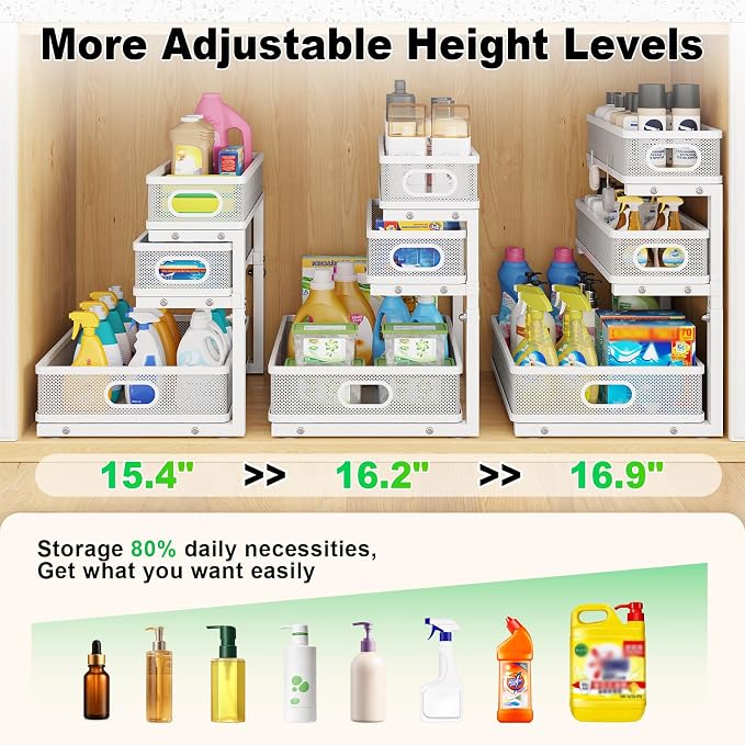 2 Pack Under Sink Organizer,3-Tier White Metal Pull Out Kitchen Cabinet Organizers,Slide Out Undersink Storage Drawers,Under The Sink Organization and Storage, Bathroom Shelves for Pantry,Laundry Room - Image 4