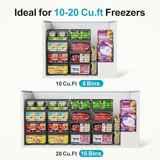 Freezer Organizer Bins - Adjustable Fits Chest Freezers 10-20 Cu Ft | 8 Pack Stackable Wire Baskets, Easy Access & Quick Organization, Sturdy Steel Rack Holds Frozen Meat and Vegetables, Black - Image 2