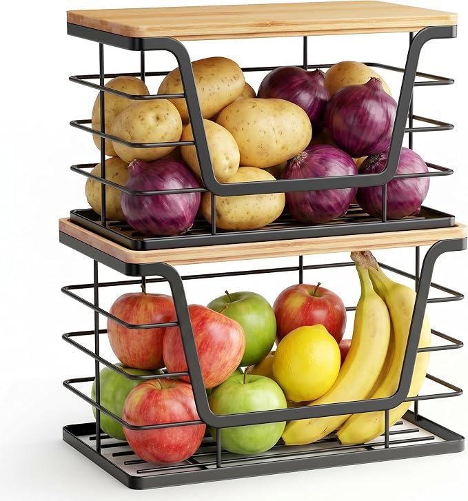 ALOCEO 2 Pack Stackable Wire Storage Basket with Bamboo Lid, Stainless Steel Extra Large Trash Bag Dispenser Roll Holder for Kitchen Sink, Kitchen Storage Bins for Potato and Onion, Black by ALOCEOWallHooksAdhesive