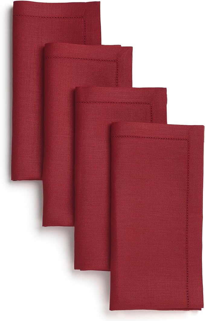 Signature Linen™ by D'Moksha Red Dinner Napkins Set of 4, 20 x 20 Inch Cloth Napkins, 100% Pure Linen, Hemstitch, Machine Washable Table Napkins- Summer, Weddings, Outdoor hostings by DMokshaHomes