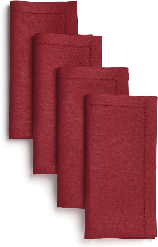 Signature Linen™ by D'Moksha Red Dinner Napkins Set of 4, 20 x 20 Inch Cloth Napkins, 100% Pure Linen, Hemstitch, Machine Washable Table Napkins- Summer, Weddings, Outdoor hostings by DMokshaHomes