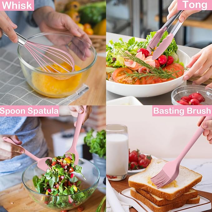 LIANYU 15 Piece Cooking Utensils Set with Stainless Steel Handle, Silicone Kitchen Gadgets with Holder, Heat Resistant Spatula Spoon Turner Tong Whisk Brush Tools for Cooking, Dishwasher Safe, Pink - Image 5