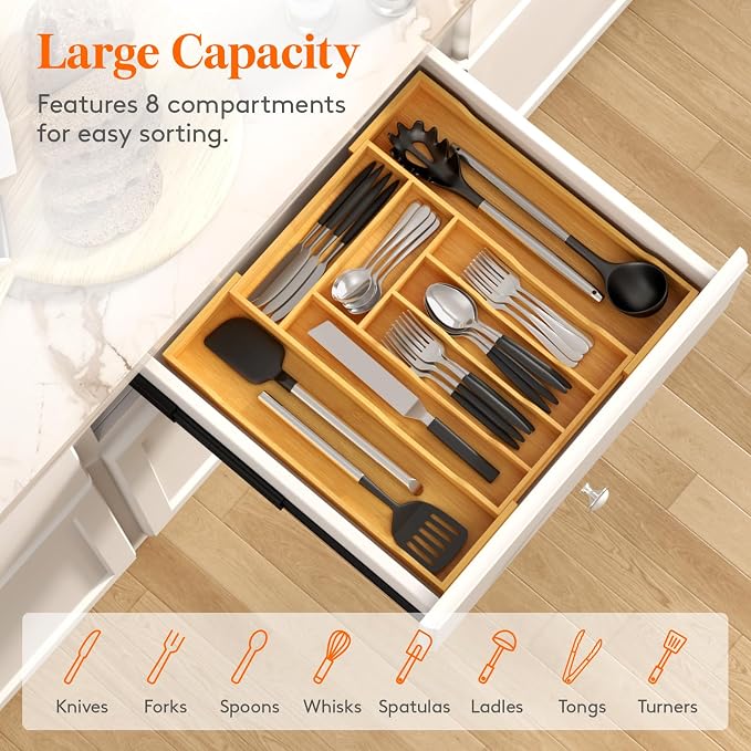 Lifewit Silverware Drawer Organizer, Wooden Utensil Tray for Kitchen | Expandable Flatware and Cutlery Holder, Adjustable Storage for Spoons Forks Knives, 10.2-18.1 x 16.7", Natural - Image 3
