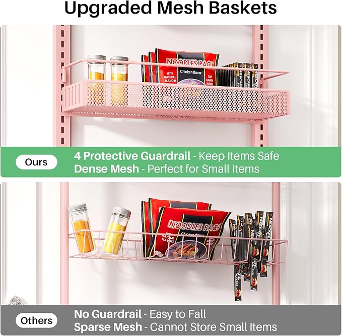 SNTD 8 Tiers Over the Door Organizer, 17" W x 6" D x 69" H, Pink | Pantry Door Organizers and Storage, Height Adjustable Spice Rack, Dense Mesh Baskets, Anti-Swing, Adjustable Door Fastener - Image 5