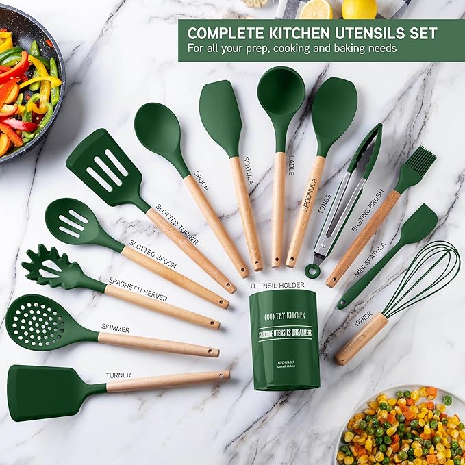 Country Kitchen Non Stick Silicone Utensil Set with Rounded Wood Handles for Cooking and Baking, 14 Piece Set, Green - Image 2