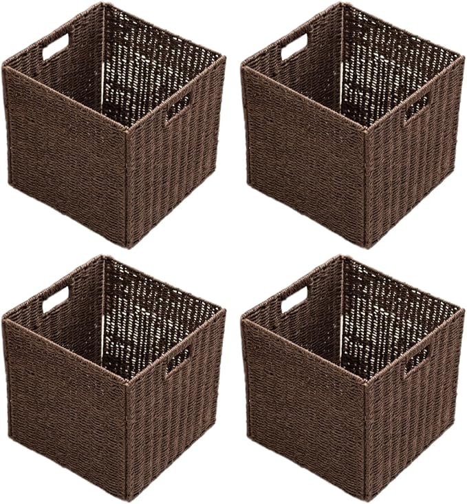 Handwoven Paper Woven Cube Basket Organizer with Handles set of 4 Foldable Storage baskets for Bedroom Living Room Cubby Storage Units for Clothes Books Toys (Brown, 13" L x 13" W x 13" H) by HaoGZMZFCL
