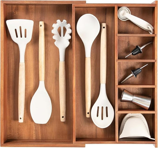 Utensil & Junk Drawer Organizer, 10.5-18.5 in, Acacia | Food-safe contract grade, 100% sustainable wood, non-slip, adjustable by KitchenEdge