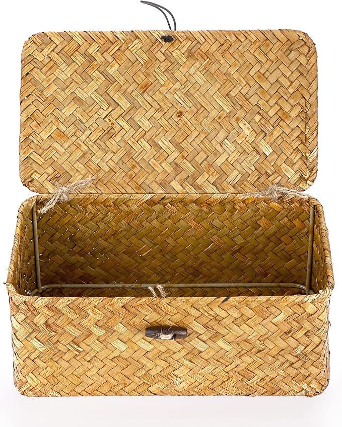 Hipiwe Wicker Shelf Baskets Bin with Lid X-Small Handwoven Basket for Shelf | Natural Seagrass Storage Box, Rectangular Household Basket Boxes for Wardrobe Home Organizer, Caramel - Image 8