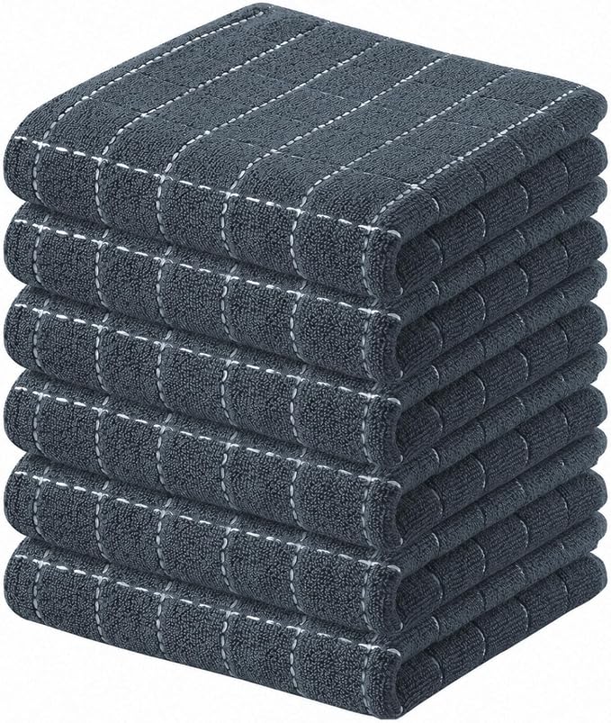 Kitinjoy 100% Cotton Terry Kitchen Towels, 13”x 28”, 6-Pack, Dark Grey | Checkered Designed, Ultra Soft Absorbent Quick Drying Dish Towels by Kitinjoy