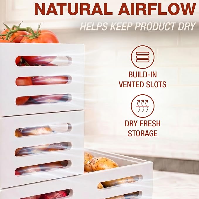 HOMESTEAD Stackable Solid Wood Storage Bins for Kitchen Pantry & Countertop, Ventilated Potato and Onion Basket Organizer with Handles, Wooden Produce Storage Containers, 3-Pack, White - Image 4