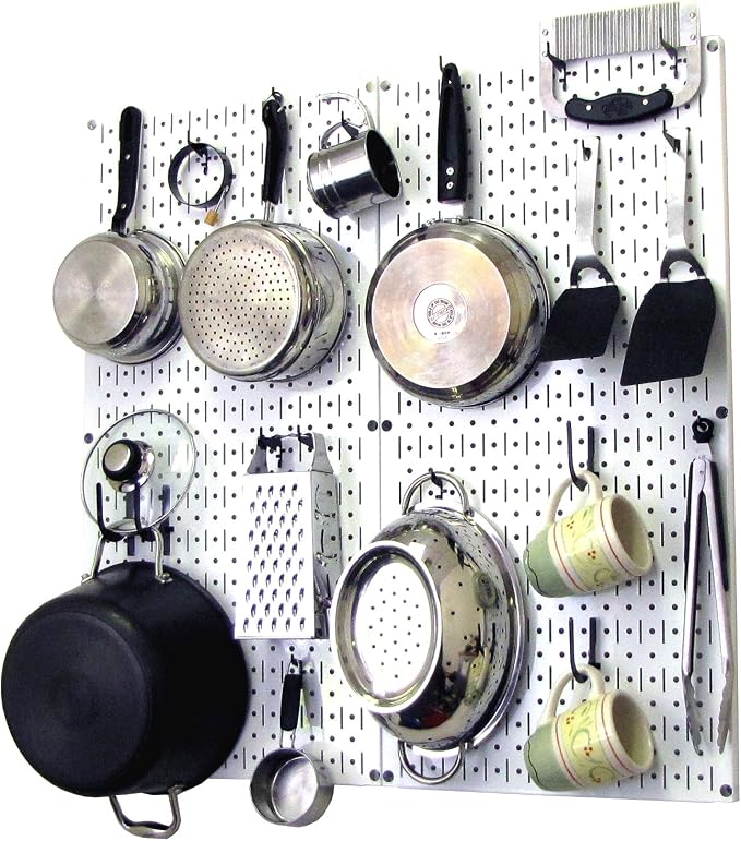 Wall Control Kitchen Pegboard Organizer Pots and Pans Storage Rack Organization Kit with White Pegboard and Black Accessories by Wall+Control