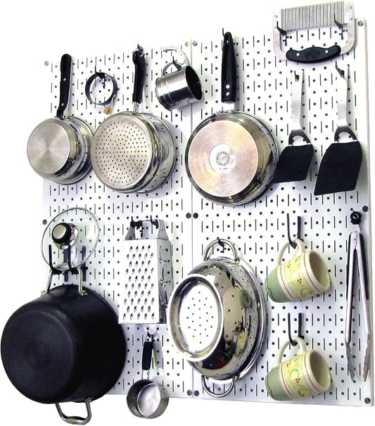 Wall Control Kitchen Pegboard Organizer Pots and Pans Storage Rack Organization Kit with White Pegboard and Black Accessories by Wall+Control