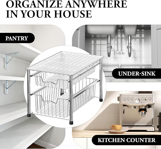 Simple Houseware Stackable 2 Tier Sliding Basket Organizer Drawer, Chrome - Image 8