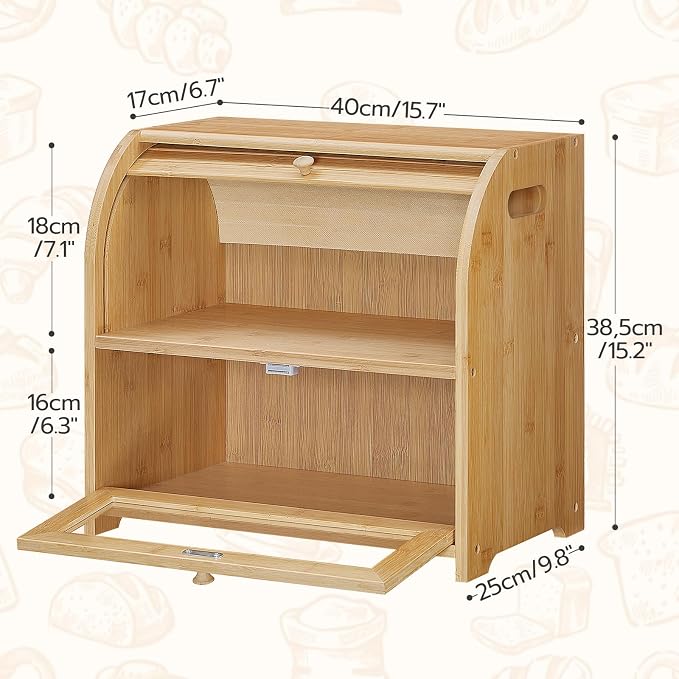 HOOBRO Bread Box, Bamboo Bread Box for Kitchen Countertop, 2 Tier Roll-Top Bread Bin, Food Storage Box, Large Capacity Keeper, Wooden Storage Cabinet, for Kitchen, Dining Room, Natural YL13MB01 - Image 6