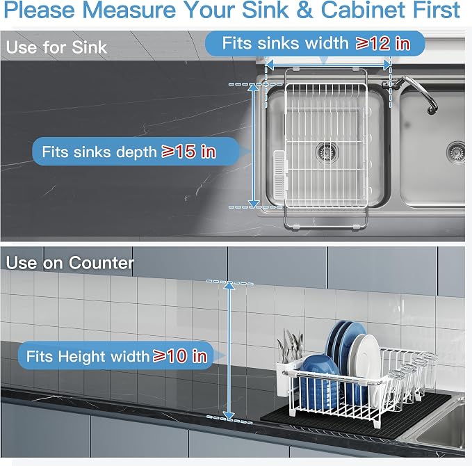JASIWAY White Dish Drying Rack in Sink with Mat, Cups and Utensil Holder | Use Over the Sink or Counter, Stainless Steel Expandable Dish Drainer for Small Kitchen, Space Saving, Fast Drain, Rustproof - Image 5
