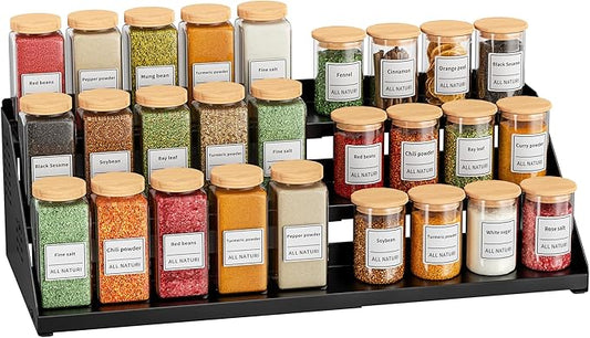 BOIVSHI Spice Organizer, Spice Rack for Expandable 3-Tier, Spice Organization for Cabinet Expandable Width and Adjustable Height, Seasoning Organizer for Cabinet, Countertop, Pantry, Black by BOIVSHI