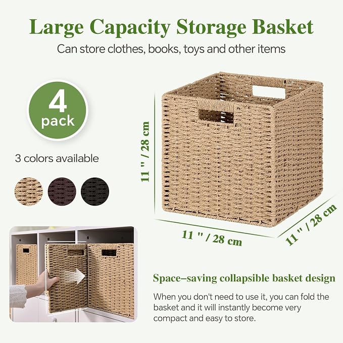Patvingot 11-Inch Paper Rope Wicker Basket with Built-In Handles,4 Pack | For books, throws and accessories on open shelves, decorative woven texture, metal frame supports the shape, folds flat - Image 2
